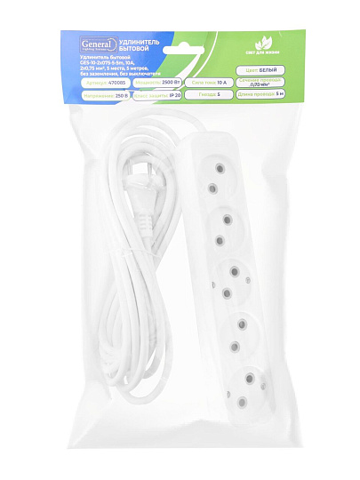 Удлинитель бытовой 5 гнезд, 5 м, ПВС, 2х0.75 мм², без заземления, 10 А, 2200 Вт, General Lighting Systems, 470085