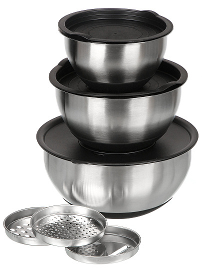 Набор мисок нержавеющая сталь, круглый, 3 шт, 16, 20, 24 см, с крышкой, с набором тёрок, Y4-11665