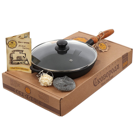 Сковорода чугун, 26 см, Maysternya, черная, с крышкой, с деревянной ручкой, индукция, T303C3