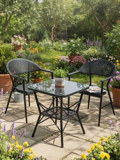 Мебель садовая черная, стол 58х58х65 см, 2 стула 55х58х78 см, C010204