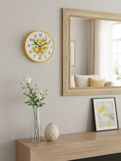 Часы настенные, кварцевые, 25 см, основание желтое, круглые, Рубин, Лимоны, 2524-153