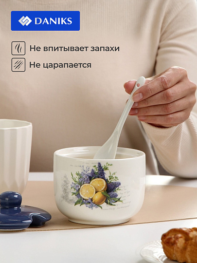 Сахарница 500 мл, доломит, 11.2х11.2х11 см, с ложкой, Daniks, Лаванда
