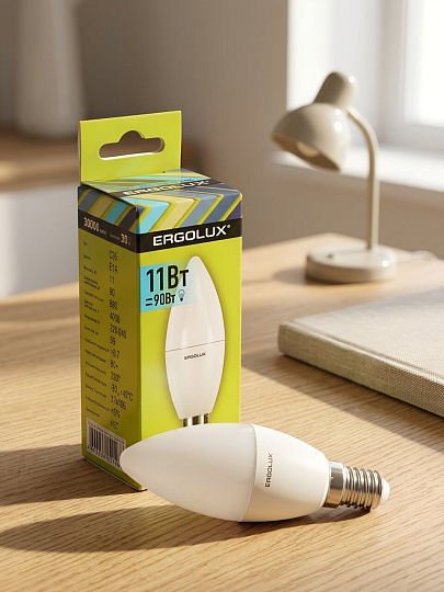 Лампа светодиодная E14, 11 Вт, 90 Вт, свеча, 4000 К, нейтральный белый свет, Ergolux, 13619