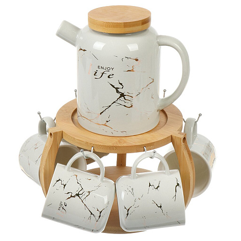 Набор чайный керамика, 8 предметов, на 6 персон, 250 мл, Белый мрамор, Y4-6255, подарочная упаковка