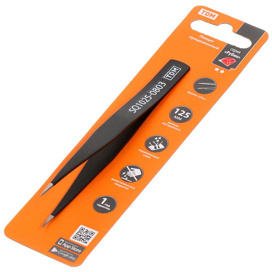 Пинцет прецизионный прямой, рукоятка нержавеющая сталь, острое жало, антистатическое покрытие, TDM Electric, Рубин, 125 мм