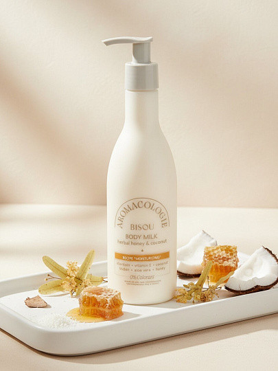 Молочко для тела, Bisou, Аromacologie, Разнотравный мед и кокос, увлажняющее, 300 мл
