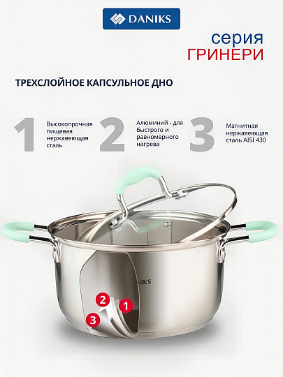 Кастрюля нержавеющая сталь, 4.5 л, крышка стекло, силиконовые ручки мятные, Daniks, Гринери, SD-23-22-2, индукция