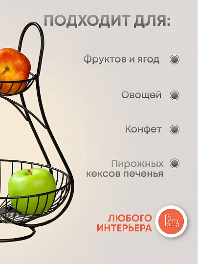 Ваза для фруктов, 2 яруса, металл, на ножке, 25х25х37 см, Y4-7625, черная