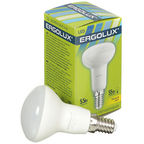Лампа светодиодная E14, 5.5 Вт, 55 Вт, рефлектор, 3000 К, свет теплый белый, Ergolux