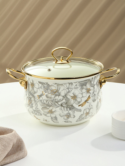 Кастрюля эмалированная сталь, 4 л, крышка стекло, Daniks, Цветущий сад, индукция