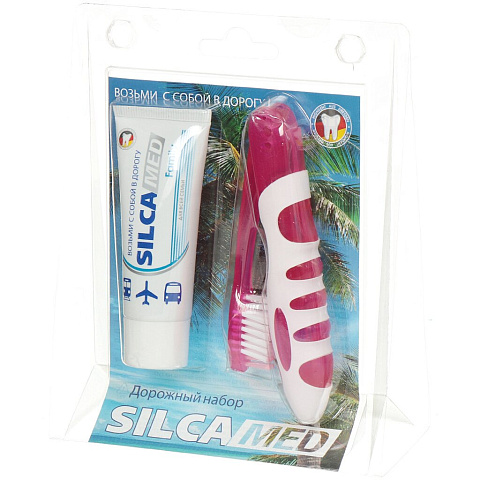 Дорожный набор Silcamed, средней жесткости, зубная паста Silcamed Family, зубная щетка Silcamed Дорожная плюс, 600134, в ассортименте