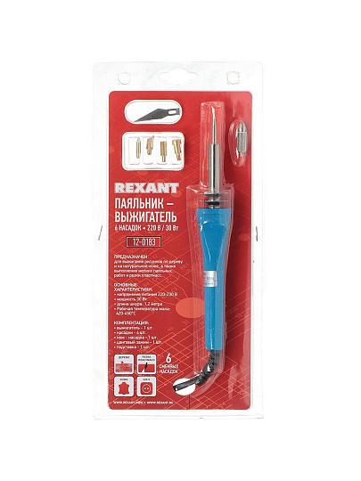 Паяльник-выжигатель сетевой, 30 Вт, 220 В, 6 насадок, Rexant, 12-0183