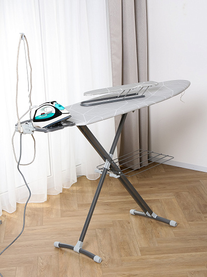 Доска гладильная 122х40 см, подставка для утюга, гладильный рукав, встроенная розетка, полка для белья, удлинитель 1.9 м, Nika, линии на сером