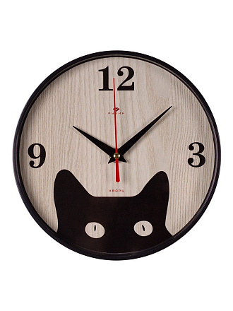 Часы настенные, кварцевые, 19.5 см, корпус черный, круглые, Рубин, Котёнок, 2019-003