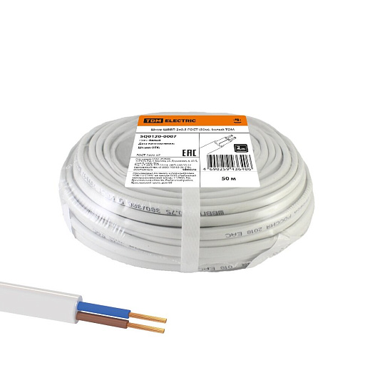 Провод ШВВП, 2х0.5 мм², 50 м, медь, соединительный, ГОСТ, белый, TDM Electric, SQ0120-0007