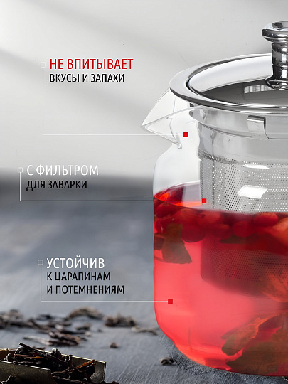 Чайник заварочный стекло, нержавеющая сталь, 0.6 л, с ситечком, Y6-2595/B050141