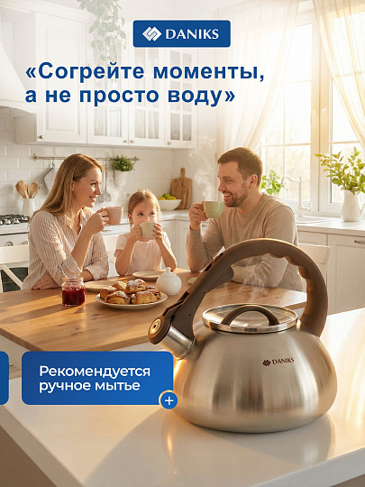 Чайник нержавеющая сталь, 3 л, со свистком, матовый, Daniks, Emerald, индукция, коричневый, DSC-8804