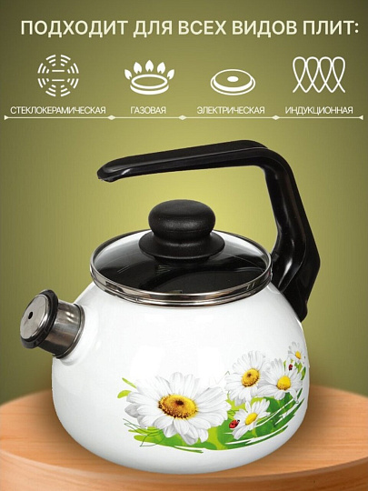 Чайник сталь, эмалированное покрытие, 2 л, со свистком, ручка консольная, СтальЭмаль, Ромашки лето, индукция, 4с210я