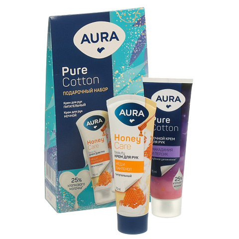 Набор подарочный для женщин, Aura, Pure Cotton, крем для рук питательный, 75 мл + крем для рук ночной, 75 мл