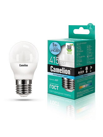 Лампа светодиодная E27, 5 Вт, 45 Вт, шар, 4500 К, нейтральный белый свет, Camelion, 12030