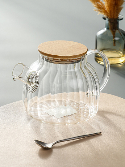 Чайник заварочный стекло, 1 л, Ажур, с бамбуковой крышкой, Y4-11037