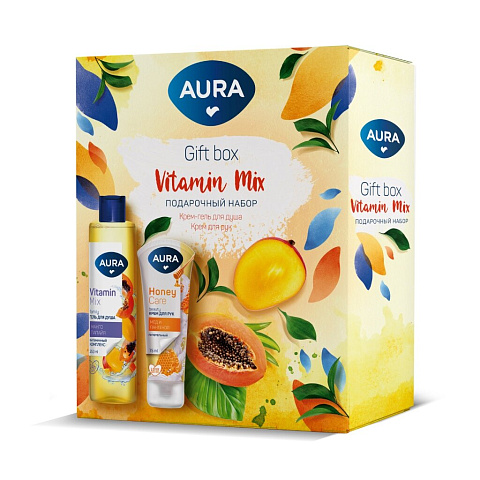 Набор подарочный для женщин, Aura, Vitamin Mix, гель для душа "Манго и папайя", 250мл + крем для рук питательный, 75мл
