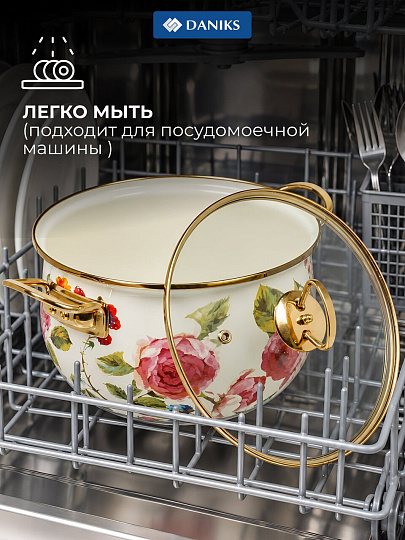 Кастрюля эмалированная сталь, 5 л, крышка стекло, Daniks, Пионы, индукция