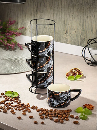 Кружка керамика, 4 шт, 200 мл, Черный мотив, Y4-7273, металлическая подставка