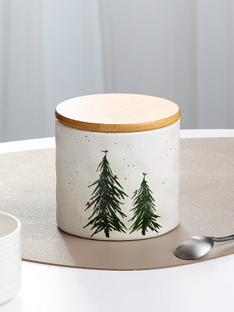 Банка для сыпучих продуктов, керамика, бамбук, 0.5 л, 10х9.8 см, с крышкой, Елка, Y4-9690