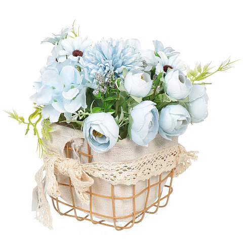 Цветок искусственный декоративный Композиция голубых цветов, в корзинке, 15 см, Y6-2058