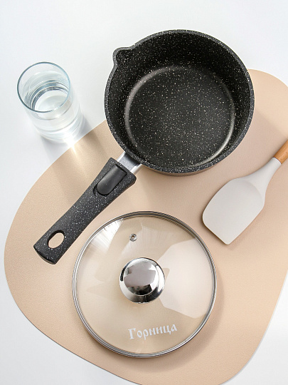 Ковш алюминий, антипригарное покрытие, 1.5 л, крышка стекло, бакелитовая ручка, съемная ручка, индукция, Горница, Гранит Induction, Икш1813аг