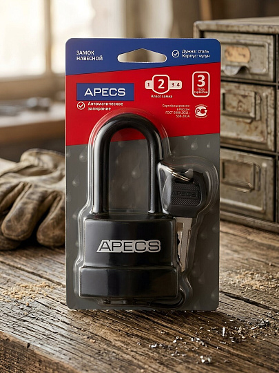 Замок навесной Apecs, PDR-50-55-L, блистер, цилиндровый, с удлиненной дужкой, 3 ключа