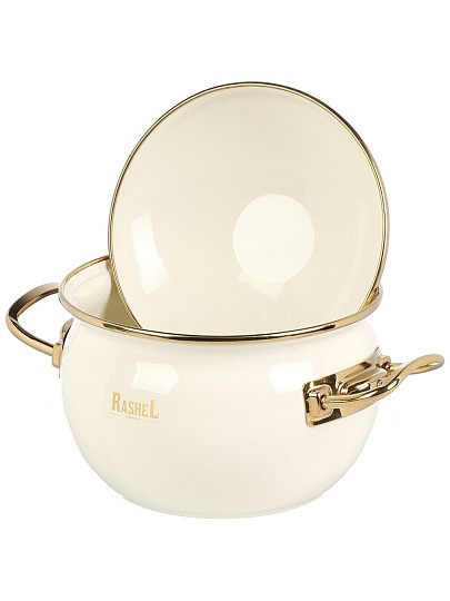Кастрюля эмалированная сталь, 2.2 л, крышка сталь, ручки золотые, RasheL, R1616, кремовая, индукция