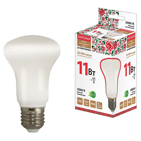 Лампа светодиодная E27, 11 Вт, 90 Вт, рефлектор, 3000 К, мягкий теплый, TDM Electric, Народная