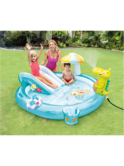 Игровой центр-бассейн Intex, 201х170х84 см, Аллигатор, 57165NP, 160 л, горка, гриб, фонтан, ведро, круг, от 2 лет