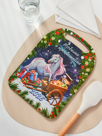 Доска разделочная дерево, 29х21х0.6 см, с ручкой, Новый Год 2026, К-299