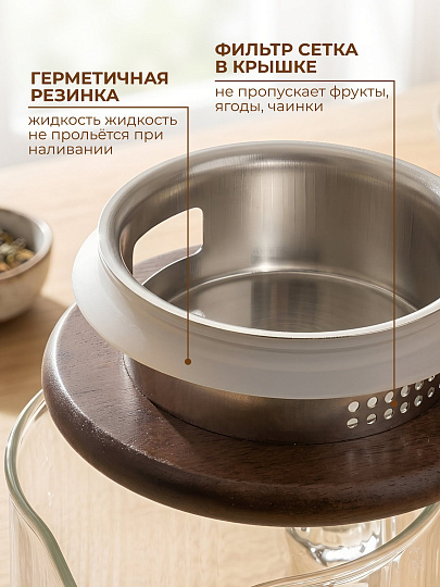 Кувшин боросиликатное стекло, 1.6 л, с крышкой, Грани, Y4-9738, для горячих и холодных напитков, с деревянной ручкой и крышкой