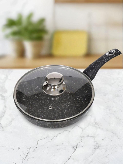Сковорода литой алюминий, 22 см, антипригарное покрытие, Горница, Гранит, с крышкой, с2252аг