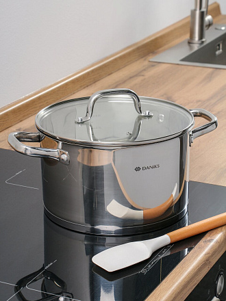 Кастрюля нержавеющая сталь, 6.5 л, крышка стекло, Daniks, Рейн, GS-01229-24, индукция