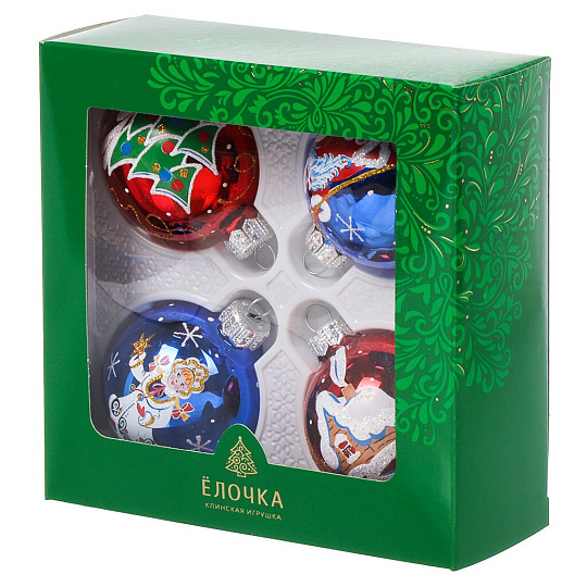 Набор елочных украшений Елочка, Презент, 4 шт, разноцветный, стекло, с рисунком, С1239
