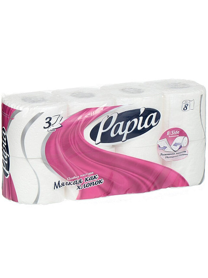 Туалетная бумага Papia, 3 слоя, 8 шт, 16.8 м, с втулкой, белая