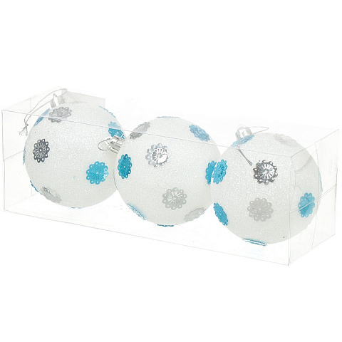 Елочный шар 3 шт, белый, синий, 8 см, пластик, с серебристыми блестками, SY18CBC-151