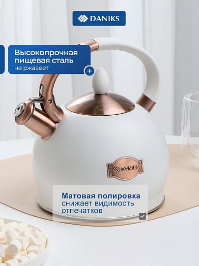 Чайник нержавеющая сталь, 2.5 л, со свистком, матовый, сталь 304, Daniks, индукция, бежевый, PR-2302