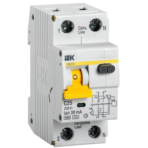 Автоматический выключатель на DIN-рейку, IEK, АВДТ 32 C25, 2 полюса, 25, 6 кА, 230 В, 30 мА, MAD22-5-025-C-30