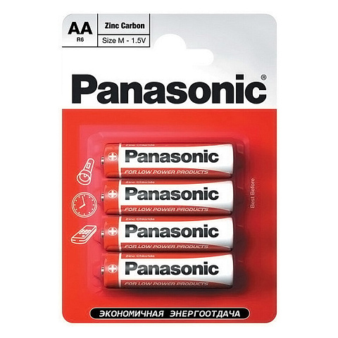 Батарейка Panasonic, АА (LR06, LR6), Zinc-carbon, солевая, 1.5 В, блистер, 4 шт
