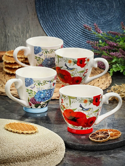 Кружка керамика, 4 шт, 450 мл, Гортензия и мак, Daniks, 225946