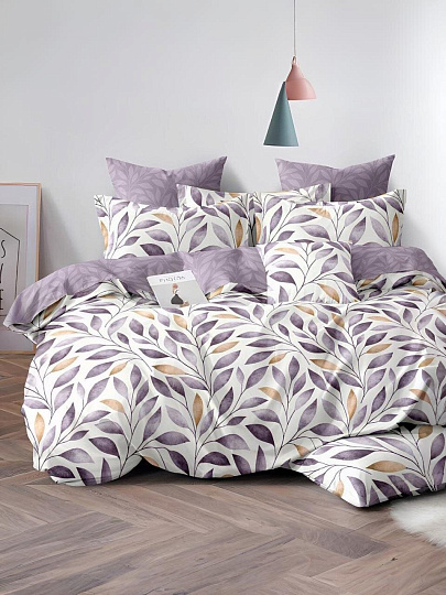 Постельное белье евро, простыня 220х240 см, 2 наволочки 70х70 см, пододеяльник 200х220 см, Silvano, поплин, сиреневое, Листья 30/012-PCE/SLV