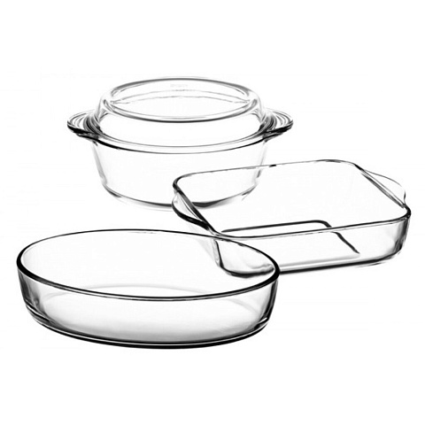 Набор посуды жаропрочной стекло, 3 шт, 21х8 см, 2, 2, 1.5 л, с крышкой, кастрюля, 2 формы для выпечки, Borcam, 159071