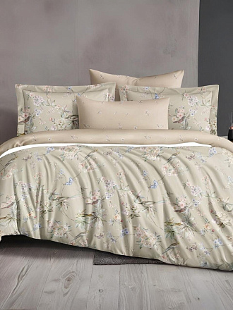 Постельное белье 2-спальное, простыня 200х220 см, 2 наволочки 70х70 см, пододеяльник 175х215 см, Silvano, сатин люкс, Цветы Бежевые 20/008-SLC/SLV