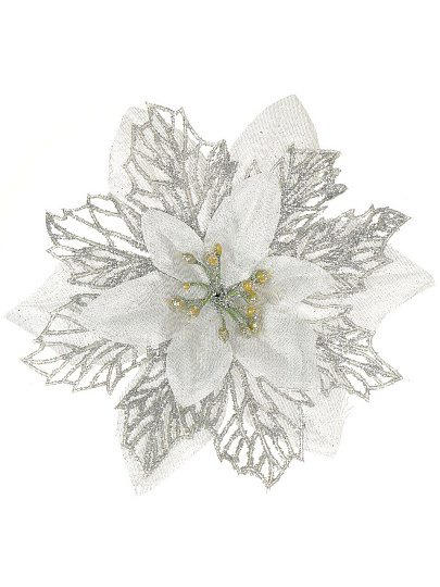 Елочное украшение Пуансеттия, серебро, 16 см, на прищепке, Y4-3002